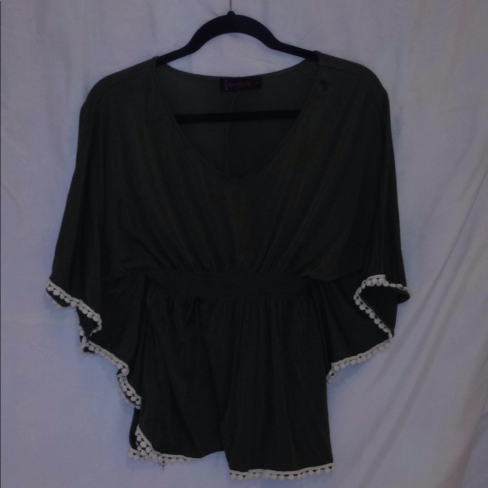 Dark Green Flow Shirt With White Pom Pom Trim